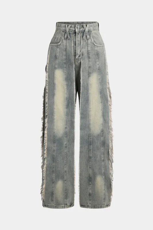 Denim Patchwork Fringe Pocket Jeans sold by Micas