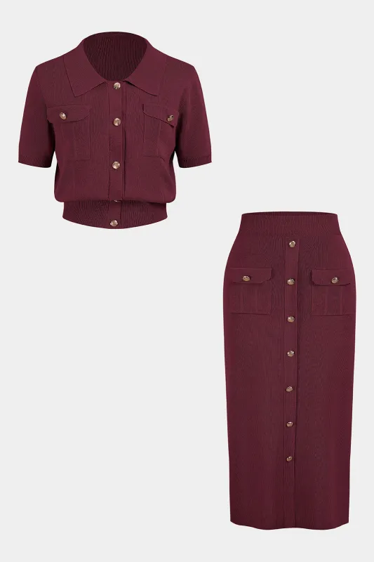 Plus Size Knit Button Short-Sleeve Cardigan And Pocket Skirt Set sold by Micas