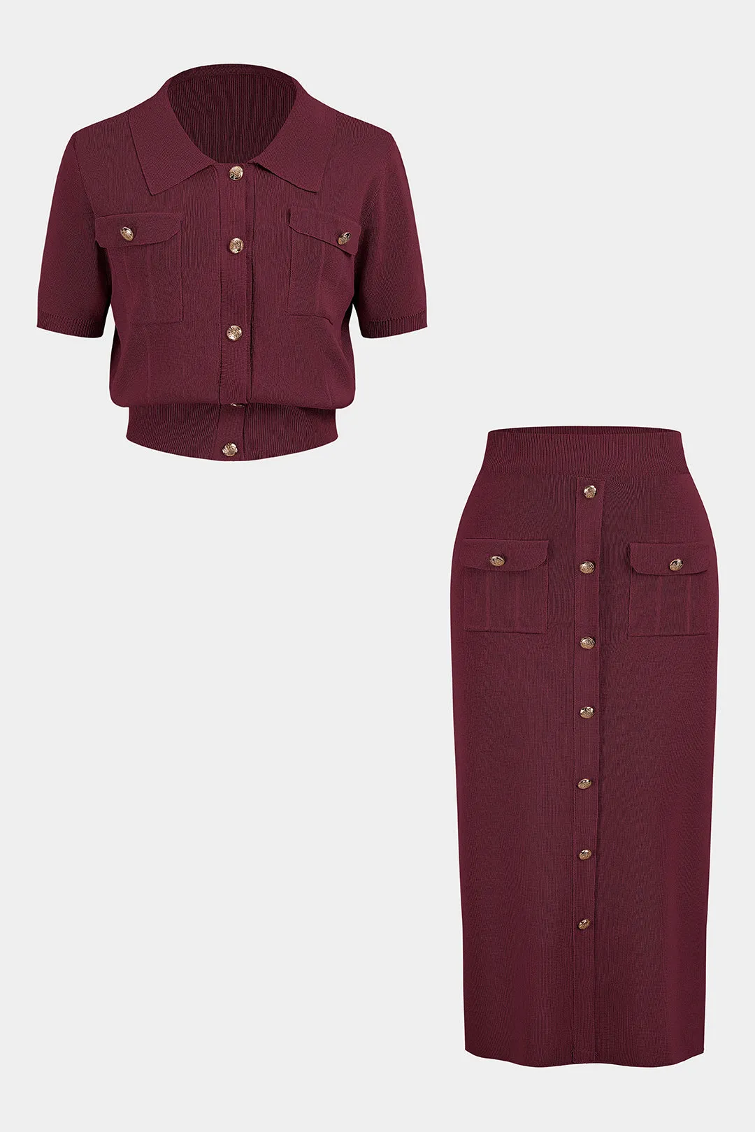 Plus Size Knit Button Short-Sleeve Cardigan And Pocket Skirt Set sold by Micas