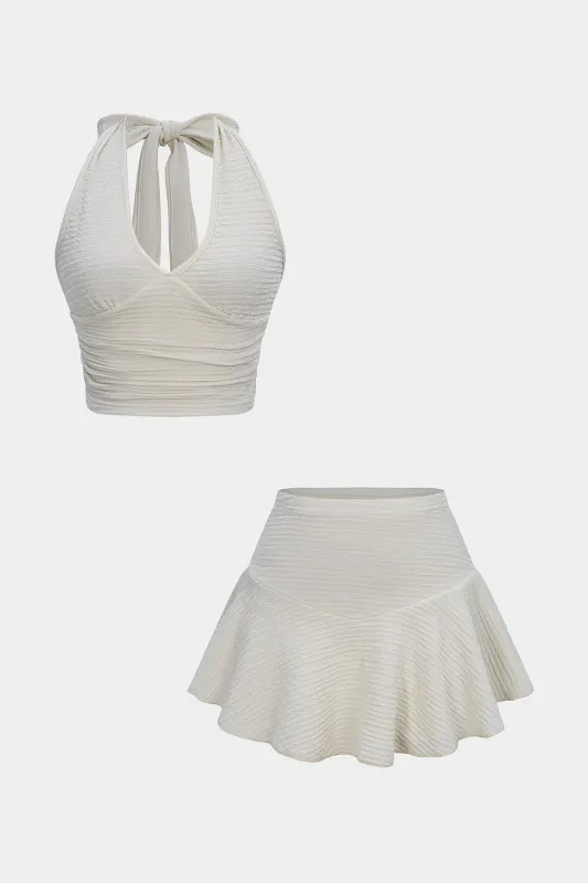 Halter Neck Tie-Up Backless Cami Top And Mini Puff Skirt Set sold by Micas