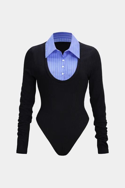 Patchwork Button Long Sleeve Bodysuit sold by Micas