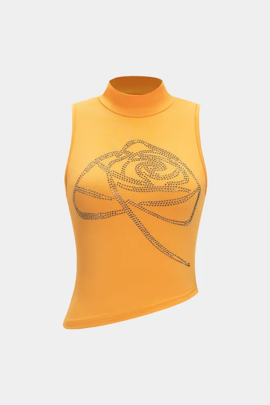 Mock Neck Floral Pattern Rhinestone Asymmetrical Tank Top sold by Micas