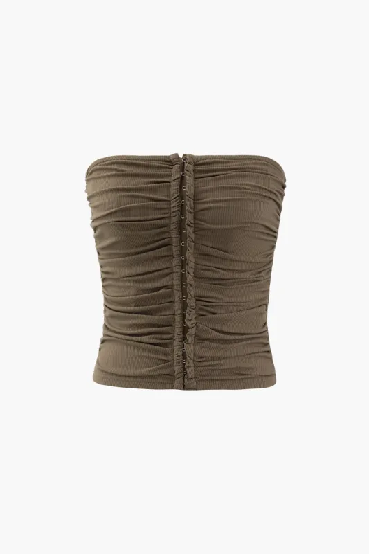 Solid Ruched Button Strapless Tube Top sold by Micas