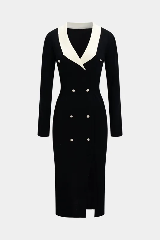 Knit Contrast V-Neck Button Long Sleeve Dress made by Micas