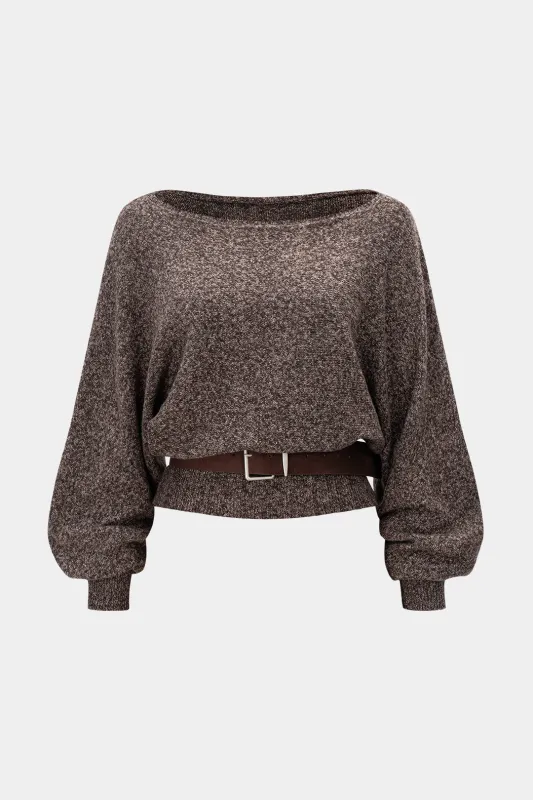 Knit Belted Off Shoulder Batwing Long-Sleeve Top sold by Micas