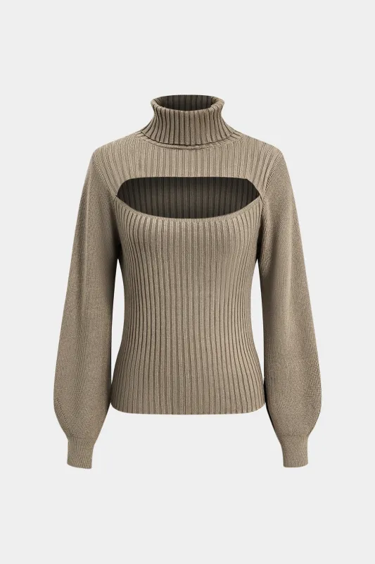 Cut Out Turtleneck Ribbed Long-Sleeve Top sold by Micas