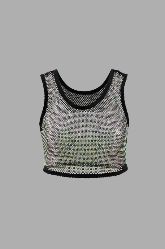 Mesh Rhinestone Trim Cut Out Tank Top sold by Micas