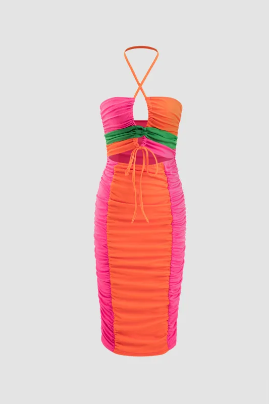 Contrast Halter Neck Cut Out Ruched Backless Dress sold by Micas