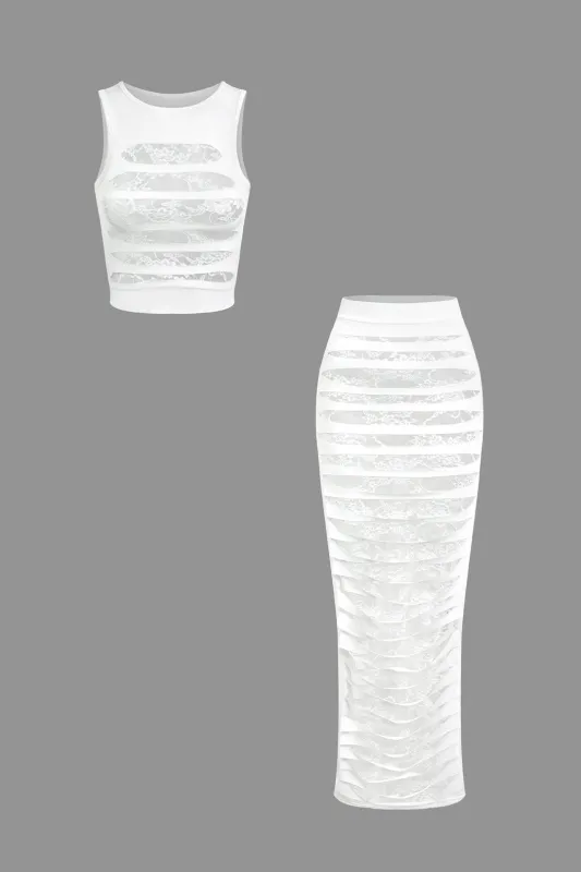 Lace Trim Hollow Out Sleeveless Top And Skirt Set sold by Micas