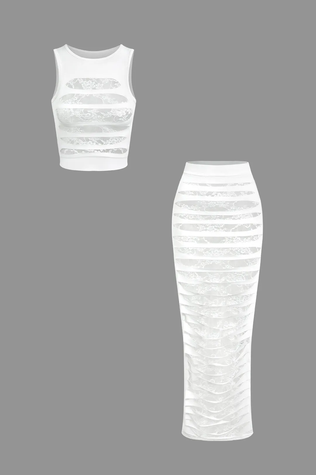 Lace Trim Hollow Out Sleeveless Top And Skirt Set sold by Micas