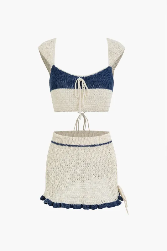 Contrast Cut Out Backless Tie Up Tank Top And Split Short Skirt Set sold by Micas