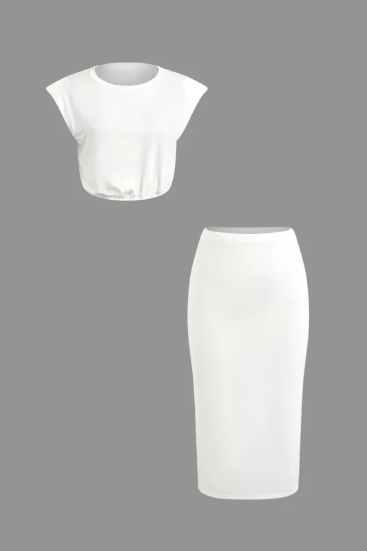 Solid Ruched Sleeveless Top And Skirt Set sold by Micas