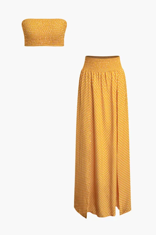 Polka Dots Print Ruched Tube Top And High Split Skirt Set sold by Micas