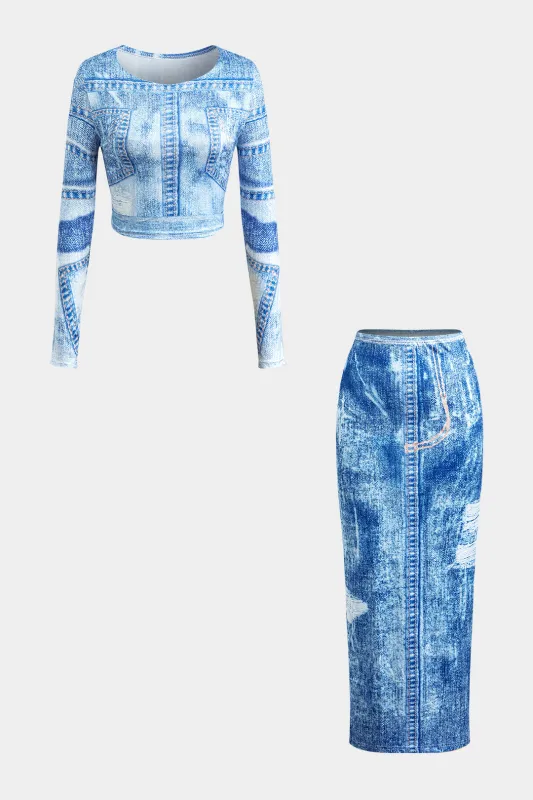 Denim Print Round Neck Long Sleeve Top And Bodycon Skirt Set sold by Micas