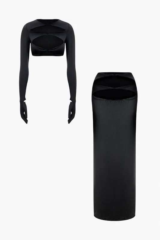 Solid Hollow-Out Long Sleeve Top And Skirt Set sold by Micas