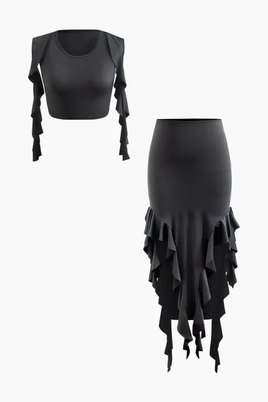 Solid Scallop Edge Sleeveless Top And Side Half Split Skirt Set made by Micas