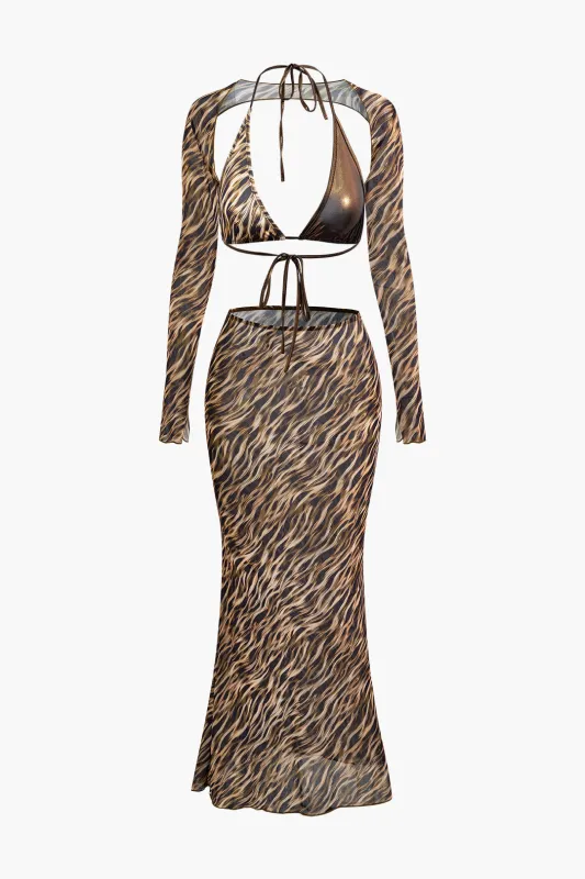 3PC Leopard Print Tie-Up Slip Lingerie And Skirt Set sold by Micas
