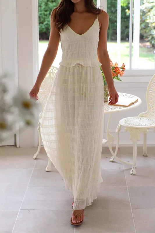 Chiffon Lace Trim Ruched Cami Top And Drawstring Long Skirt Set sold by Micas