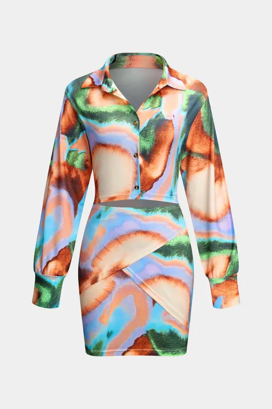 Watercolor Tie Dye Print Crossed Cut Out Asymmetrical Top And Short Skirt Set sold by Micas