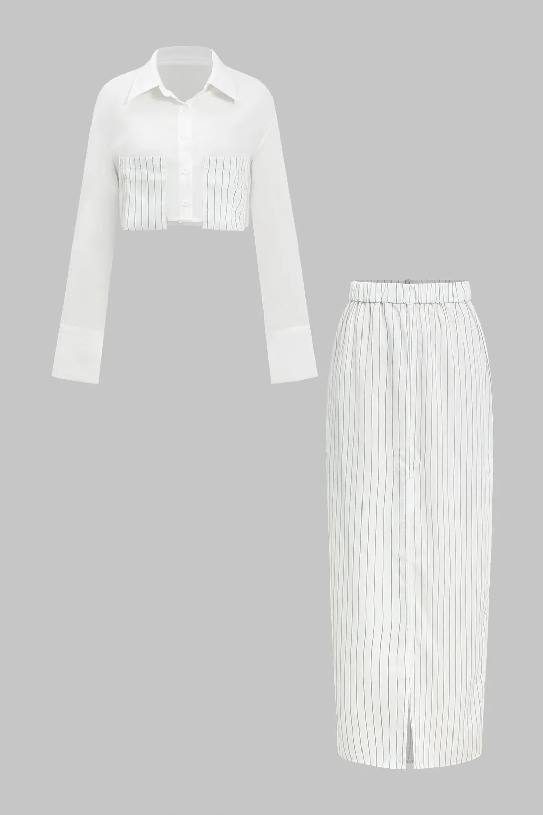 Solid Patchwork Pocket Shirt And Split Skirt Set sold by Micas product image thumbnail 2