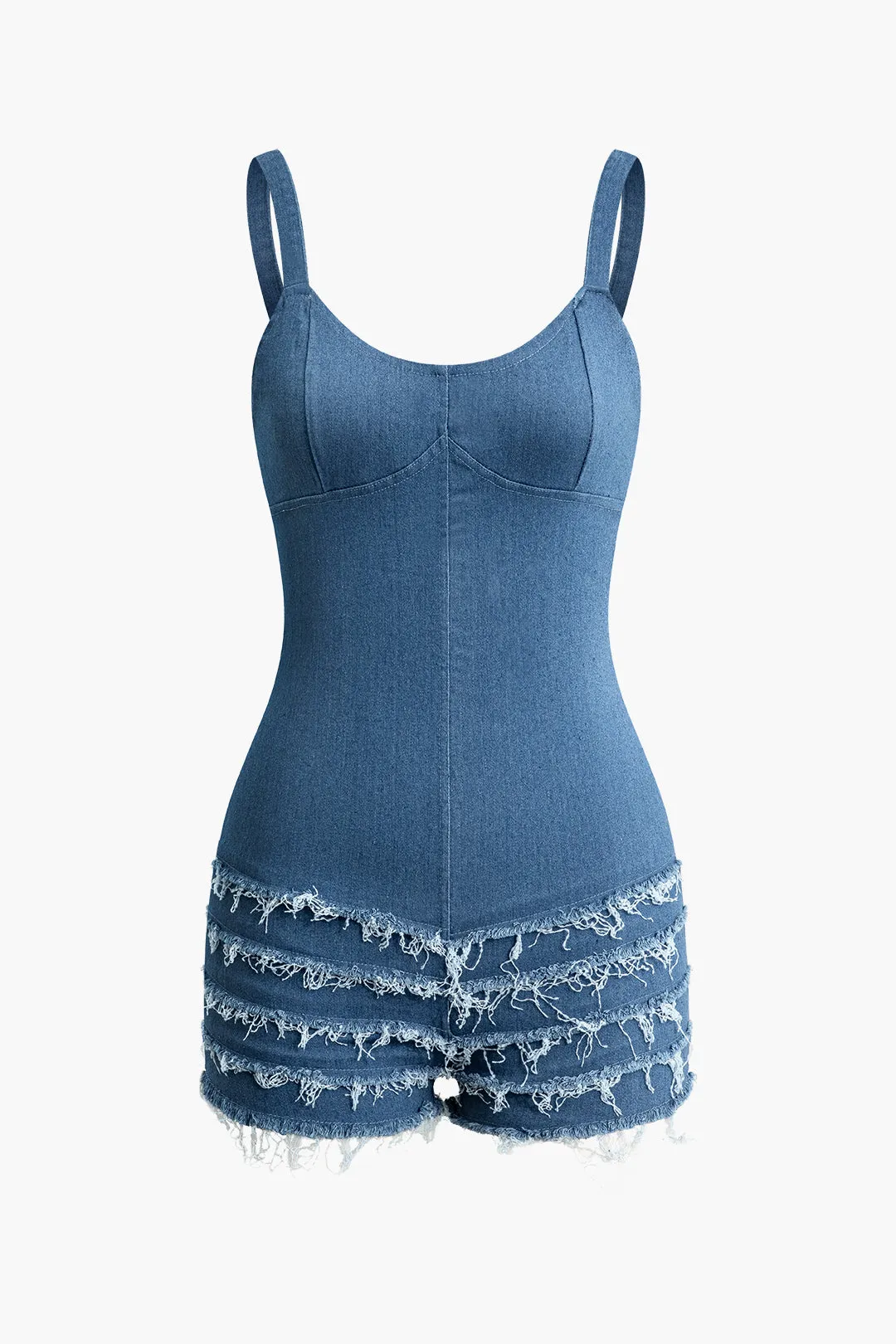Denim Frayed Zipper Sleeveless Jumpsuit sold by Micas