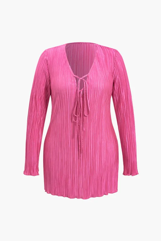 Plus Size Satin Pleated Tie-Up Shell Long Sleeve Mini Dress sold by Micas