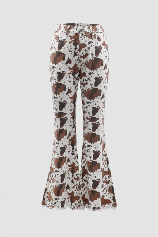 Denim Contrast Print Zipper Flared Pants sold by Micas