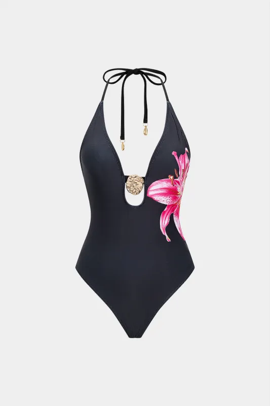Floral Print Halter Neck Backless Cut Out One-Piece Swimsuit sold by Micas