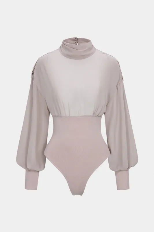 Chiffon Patchwork Mock Neck Backless Long Sleeve Bodysuit sold by Micas