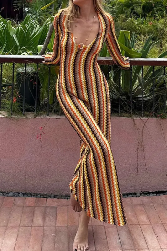 Contrast Woven V-Neck Long Sleeve Midi Dress sold by Micas