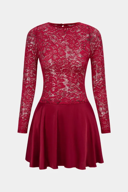 Lace Patchwork Satin Cut Out Long Sleeve Mini Dress sold by Micas