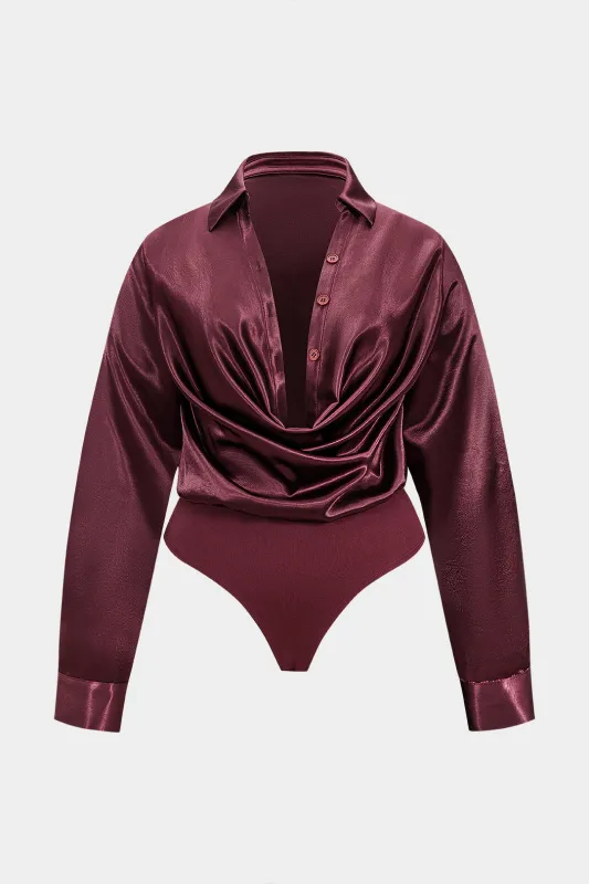 Plus Size Satin Button Draped Cowl Neck Long Sleeve Bodysuit sold by Micas