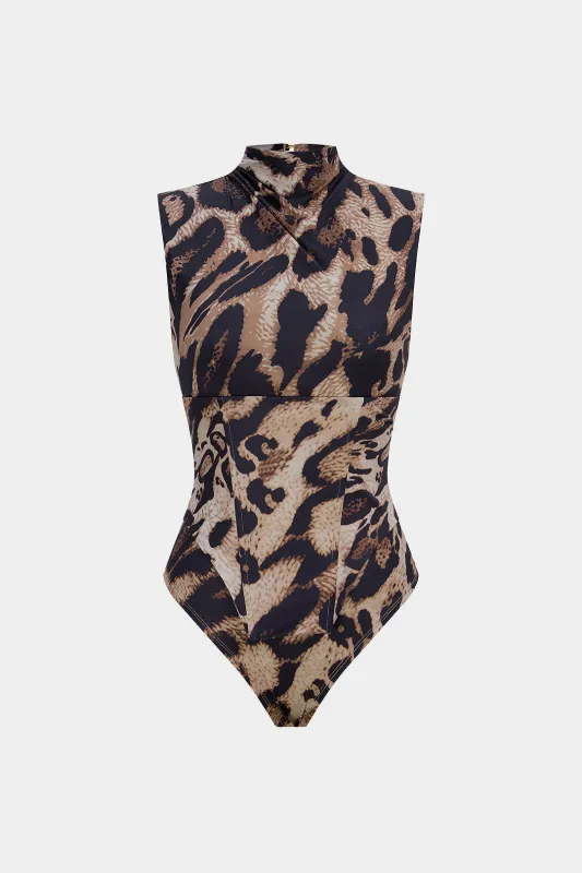 Leopard Print Sleeveless Bodysuit With Lace-Up Corset sold by Micas