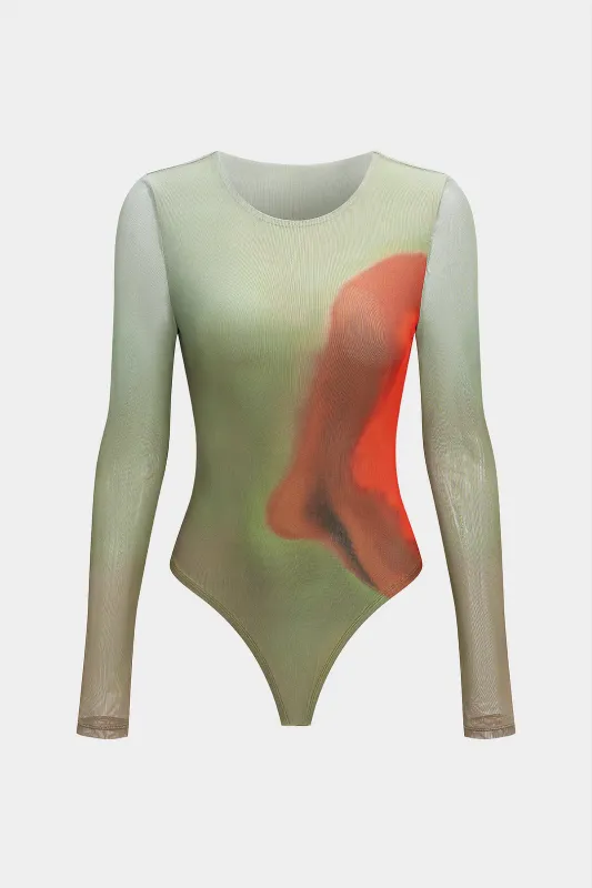 Mesh Contrast Print Round Neck Long Sleeve Bodysuit sold by Micas