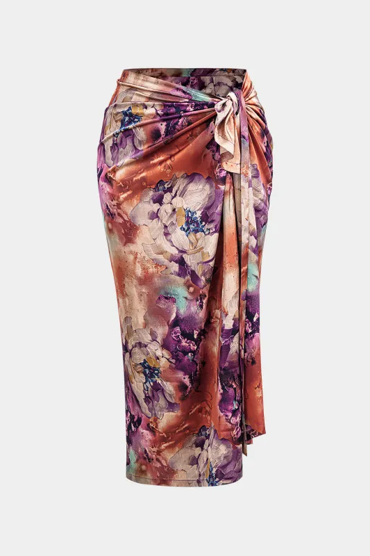 Plus Size Satin Abstract Print Tie Front Skirt sold by Micas
