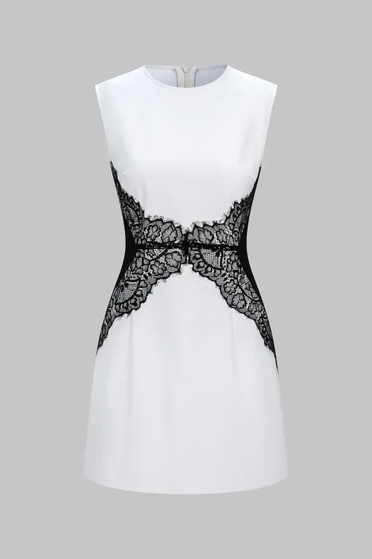 Lace Trim Mesh Zipper Sleeveless Mini Dress sold by Micas