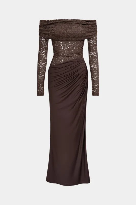 Lace Patchwork Off Shoulder Ruched Long Sleeve Maxi Dress sold by Micas