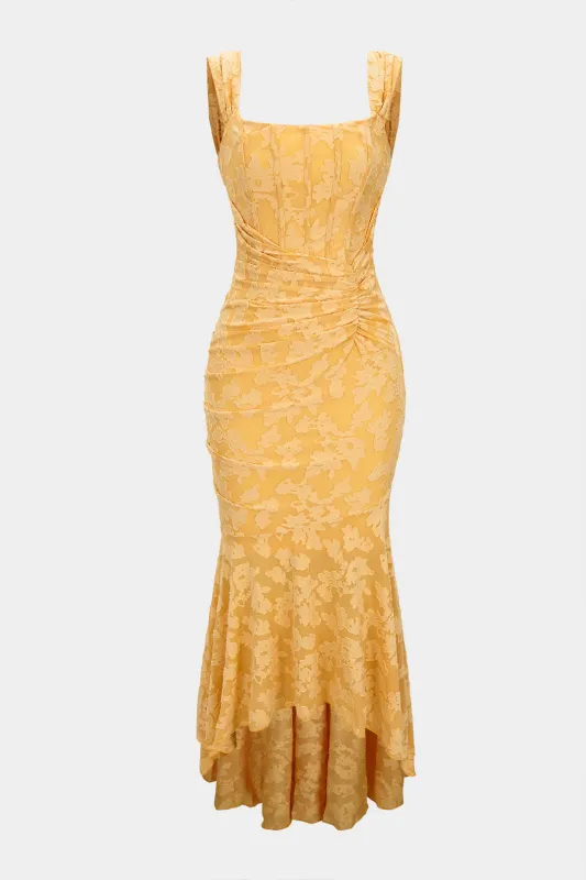 Jacquard Ruched Asymmetrical Slip Sleeveless Midi Dress sold by Micas