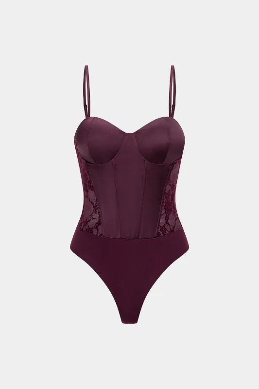 Satin Patchwork Lace Zipper Sleeveless Slip Bodysuit sold by Micas