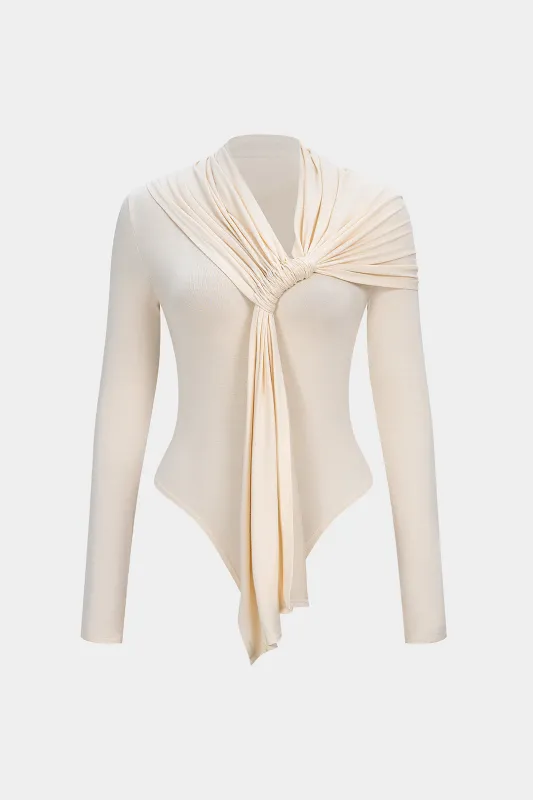 Ruched V-Neck Asymmetrical Long-Sleeve Bodysuit sold by Micas