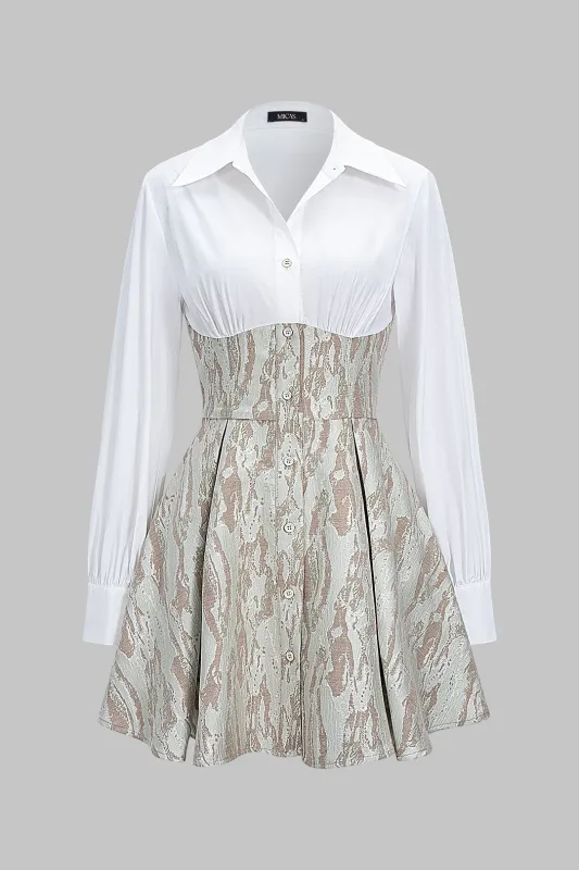 Abstract Print Texture Patchwork Button Ruched Long Sleeve Mini Dress sold by Micas