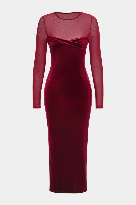 Velvet Mesh Patchwork Ruched Long Sleeve Maxi Dress sold by Micas