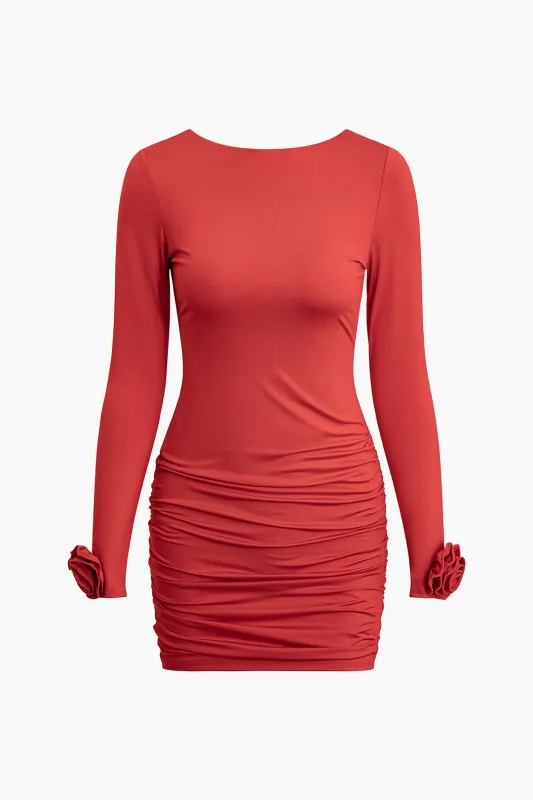 3D Flower Decor Ruched Backless Long Sleeve Mini Dress sold by Micas
