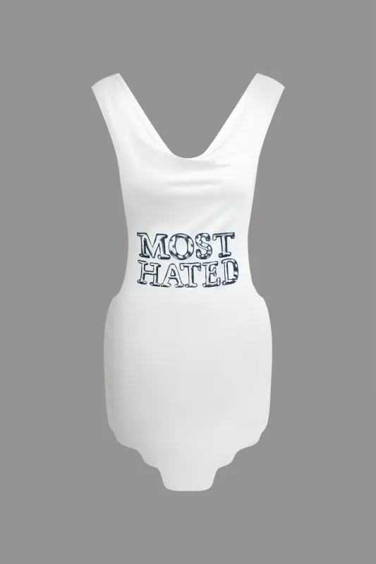 Letter Print Chain Decor Backless Asymmetrical Hem Sleeveless Mini Dress made by Micas