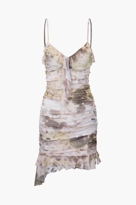 Floral Print Ruffle Ruched Sleeveless Mini Dress sold by Micas