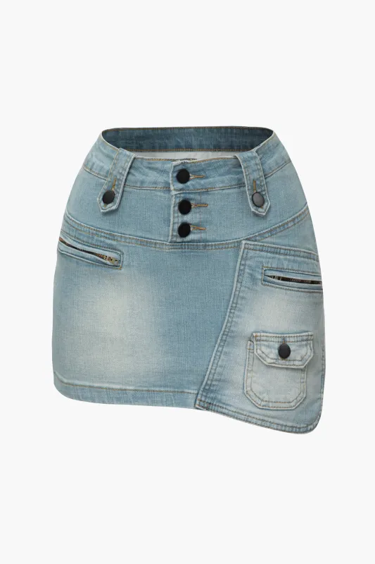 Denim Asymmetrical Zipper Pocket Skirt sold by Micas