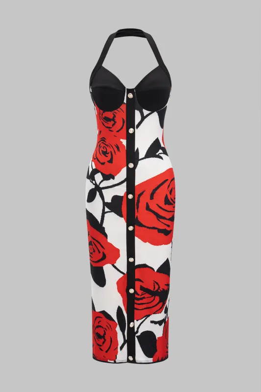 Floral Print Contrast Metallic Button Backless Halter Neck Zipper Sleeveless Midi Dress made by Micas