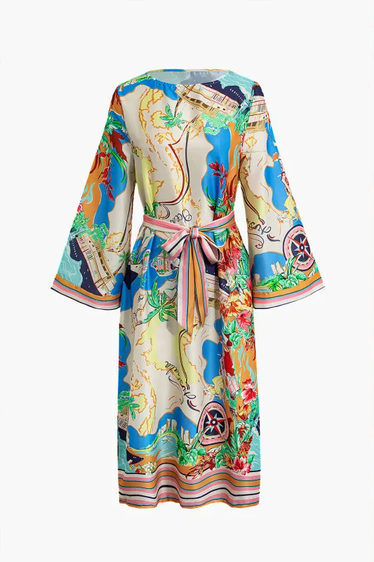 Chiffon Coconut Tropical Print Tie-Up Short Sleeve Midi Dress sold by Micas