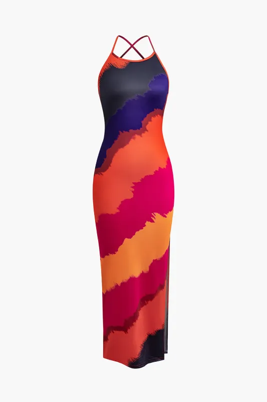 Contrast Print Tie-Up Backless Sleeveless Midi Dress sold by Micas