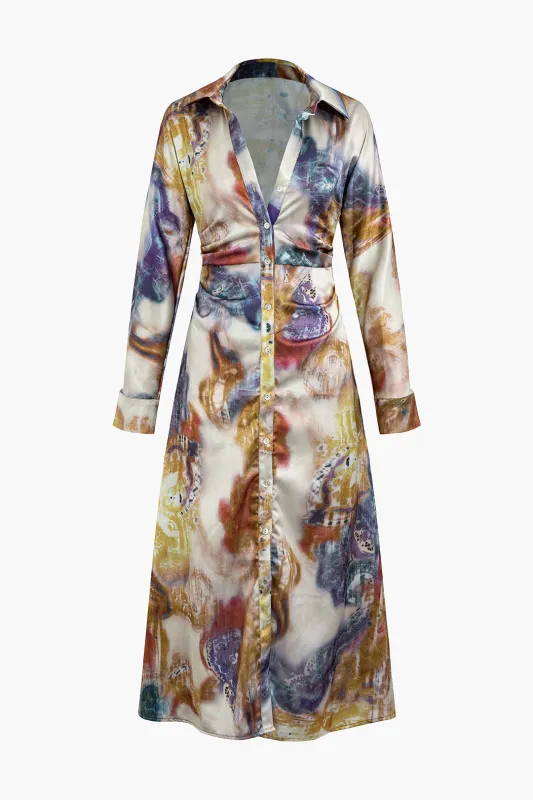 Tropical Print V-Neck Button Ruched Long Sleeve Midi Dress made by Micas